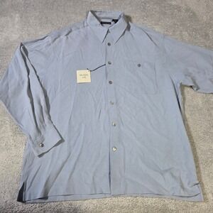 Anthology Mens L Button Down Shirt Light Blue 100% Washable Silk Micro Check